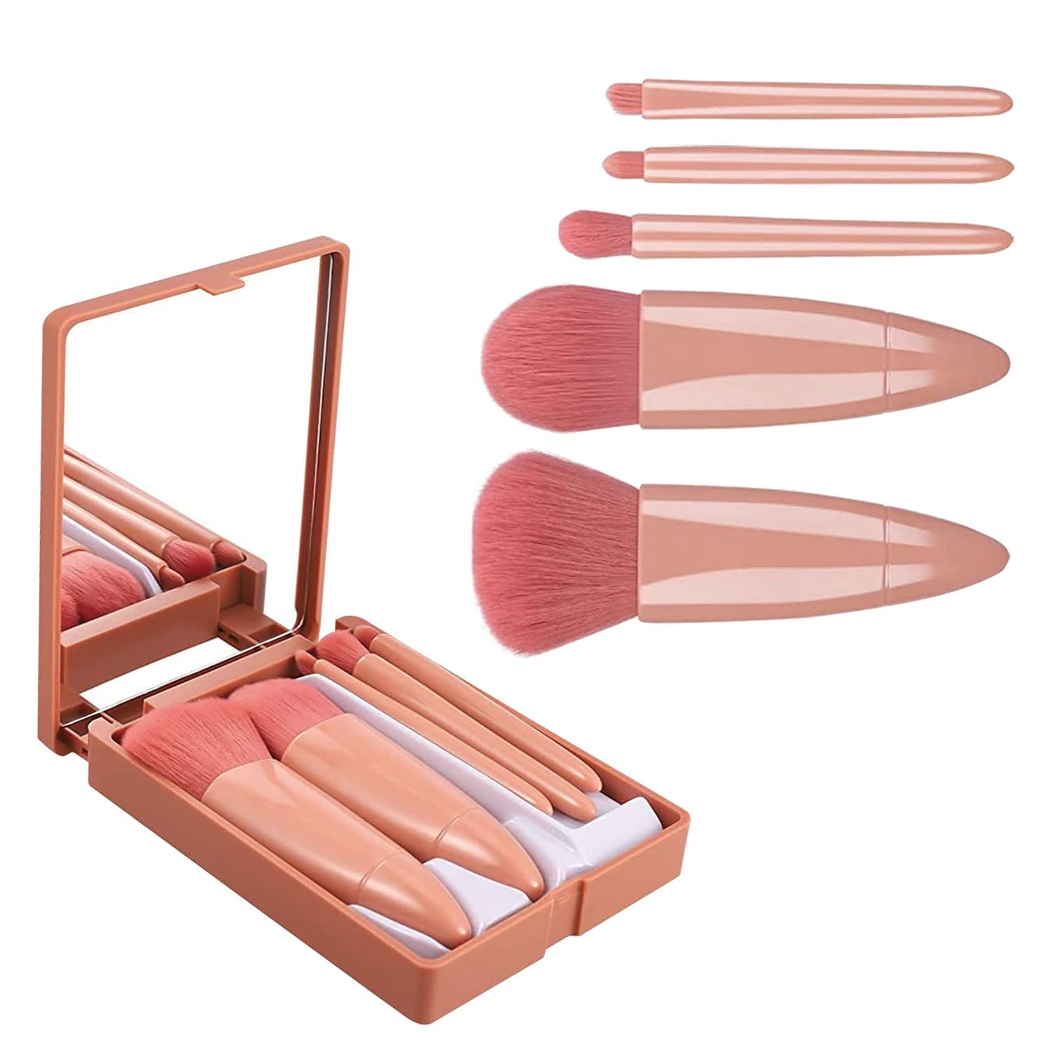 5-Teiliges Make-Up-Pinsel-Set Mit Spiegelbox, Tragbare Make-Up-Pinsel, Weicher Kosmetik-Make-Up-Pinsel, Reise-Make-Up-Pinsel Für Die Reise, Täglich, Rouge, Puder, Foundation (Rosa)