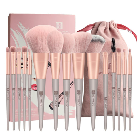 HEYMKGO Make-Up-Pinsel, 15 Stück, Make-Up-Pinsel Mit Grünem Konischem Griff, Aus Hochwertigem Synthetikmaterial, Professionelle Make-Up-Pinsel Mit Kordelzug, Tasche Aus Flanell (Rosa)