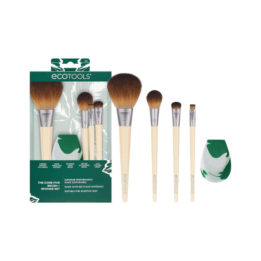 Ecotools Core Five Make-Up-Pinsel- Und Schwamm-Set, Für Lidschatten, Rouge, Bronzer, Eyeliner Und Foundation, Make-Up Blending Schwamm, Pinsel Essentials, 5-Teiliges Set