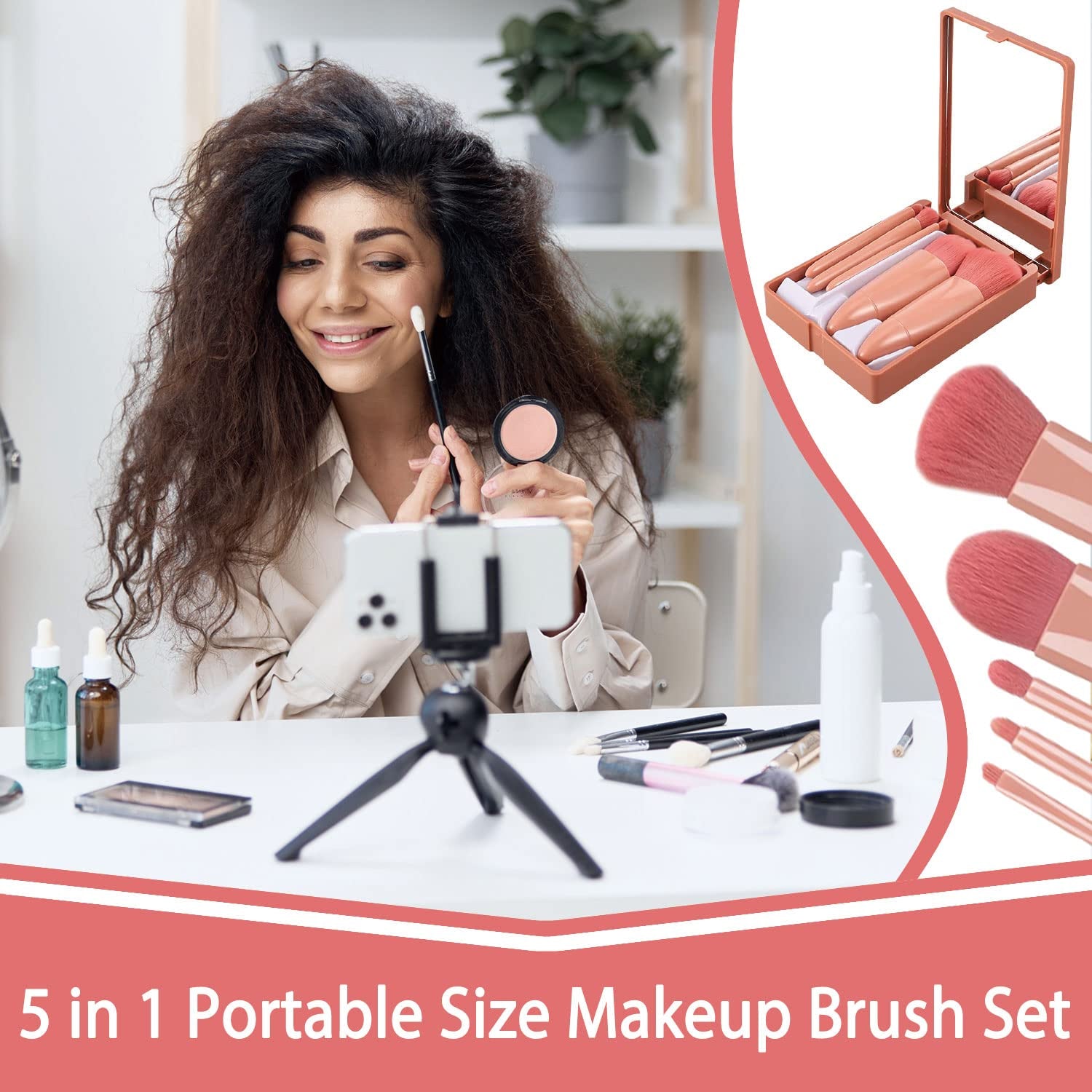 5-Teiliges Make-Up-Pinsel-Set Mit Spiegelbox, Tragbare Make-Up-Pinsel, Weicher Kosmetik-Make-Up-Pinsel, Reise-Make-Up-Pinsel Für Die Reise, Täglich, Rouge, Puder, Foundation (Rosa)