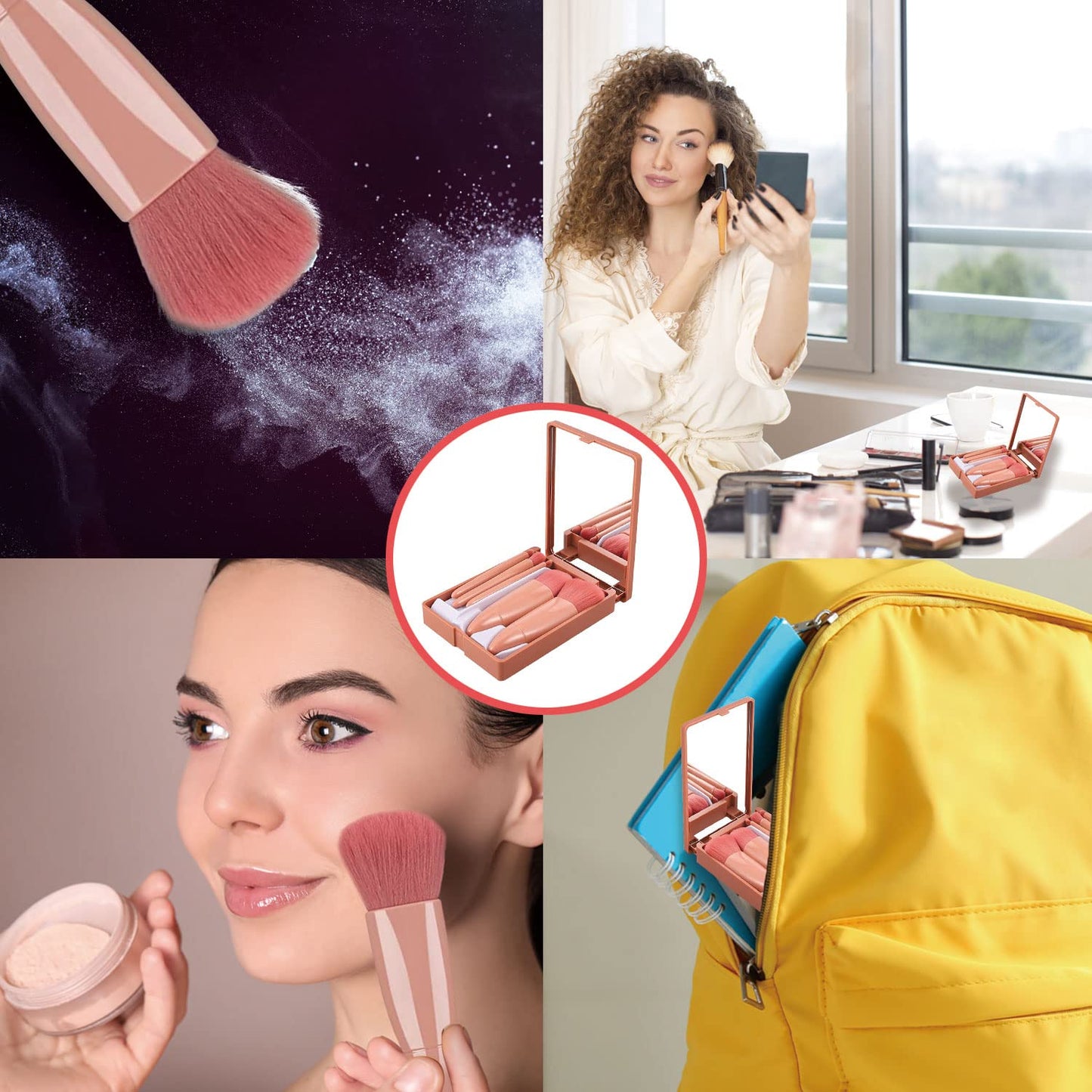 5-Teiliges Make-Up-Pinsel-Set Mit Spiegelbox, Tragbare Make-Up-Pinsel, Weicher Kosmetik-Make-Up-Pinsel, Reise-Make-Up-Pinsel Für Die Reise, Täglich, Rouge, Puder, Foundation (Rosa)