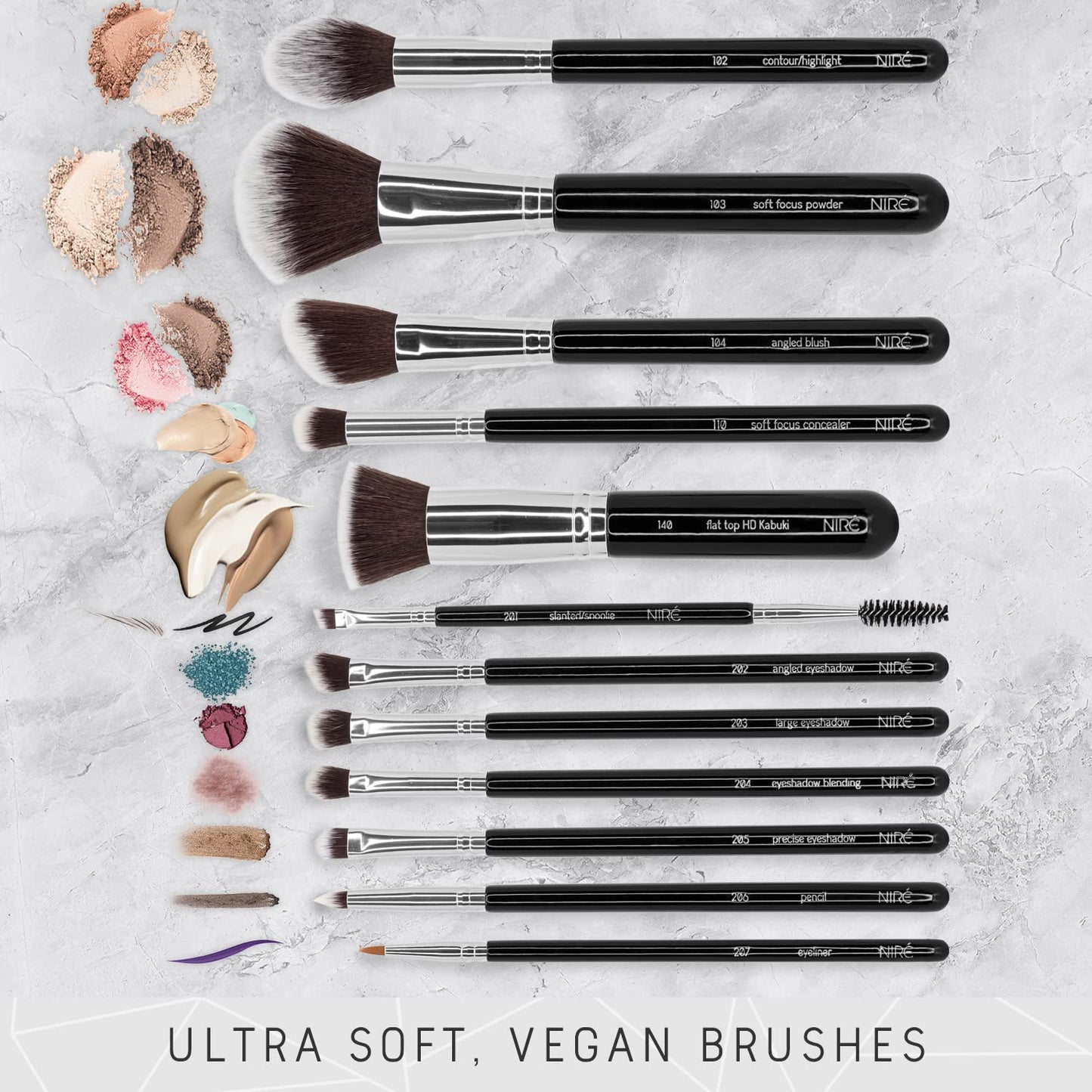 Niré Beauty Make-Up-Pinselset, 15-Teilig: Preisgekrönte Vegane Profi-Pinsel Mit Etui, Niré Make up Schwamm, Pinselreiniger, Guide & Geschenkschachtel