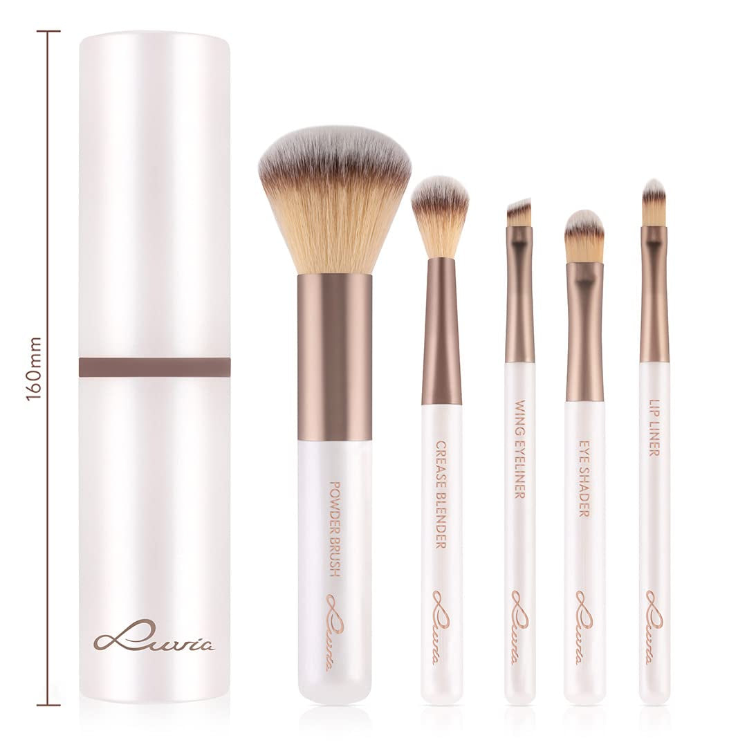 Make-Up-Pinsel-Set – 5-Teilig + Pinselköcher Mit Smart-Halter – LUVIA Daily & Travel Schminkpinsel-Set Für Foundation, Puder & Lidschatten – Perfekt Für Reisen & Unterwegs – Coffee Elegance/Perlmutt