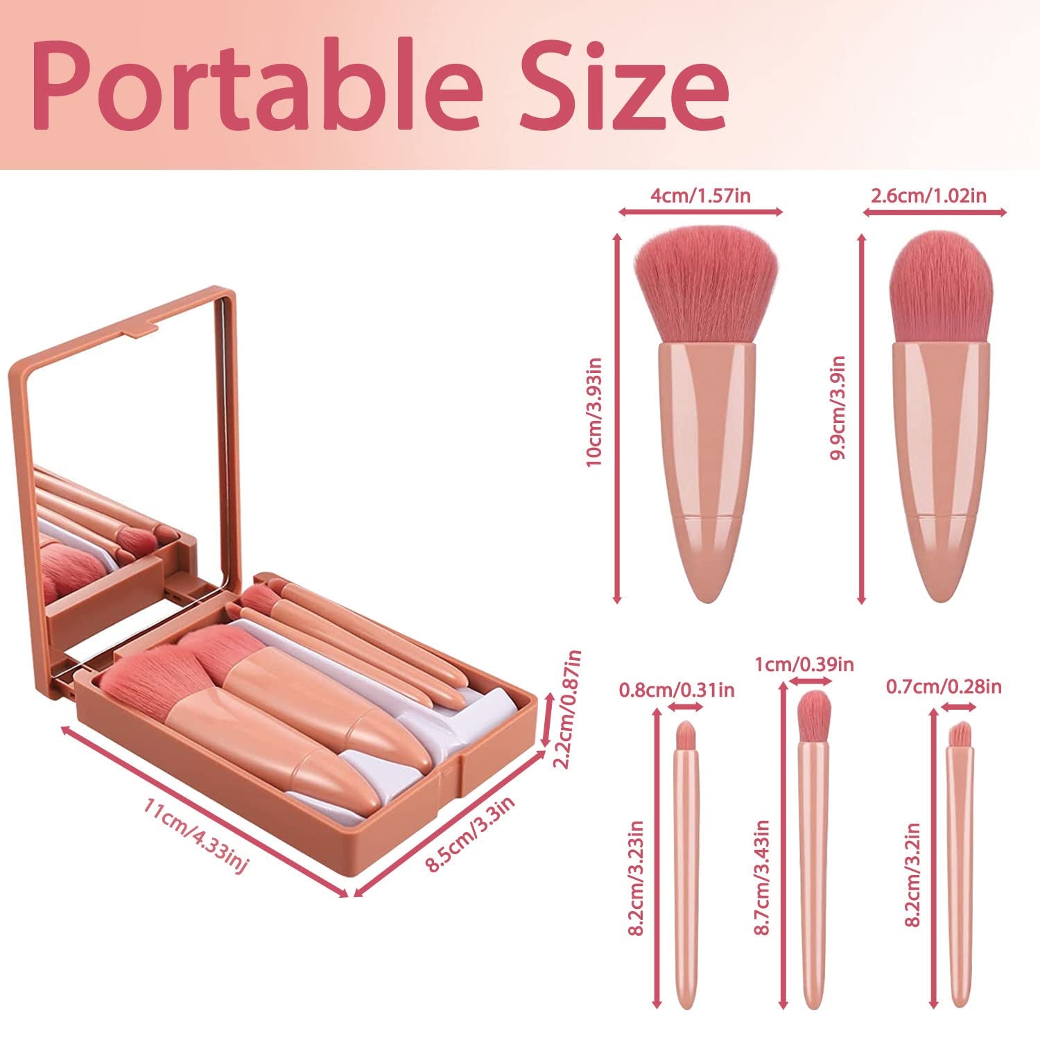 5-Teiliges Make-Up-Pinsel-Set Mit Spiegelbox, Tragbare Make-Up-Pinsel, Weicher Kosmetik-Make-Up-Pinsel, Reise-Make-Up-Pinsel Für Die Reise, Täglich, Rouge, Puder, Foundation (Rosa)