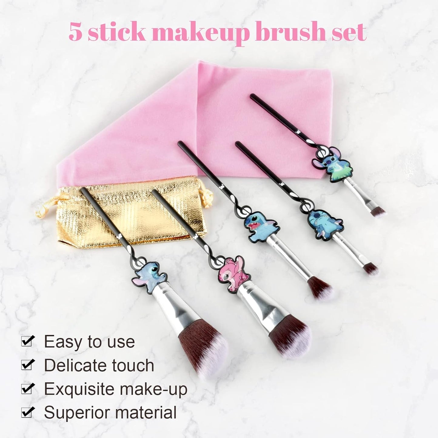 [5 Stück] Stich Make-Up Pinsel-Set Lilo Und Stich Geschenke Kosmetikpinsel Für Puder, Lidschatten, Rouge, Lippen, Tragbares Kawaii-Make-Up-Pinsel-Set, Stichgeschenke Für Mädchen Und Frauen