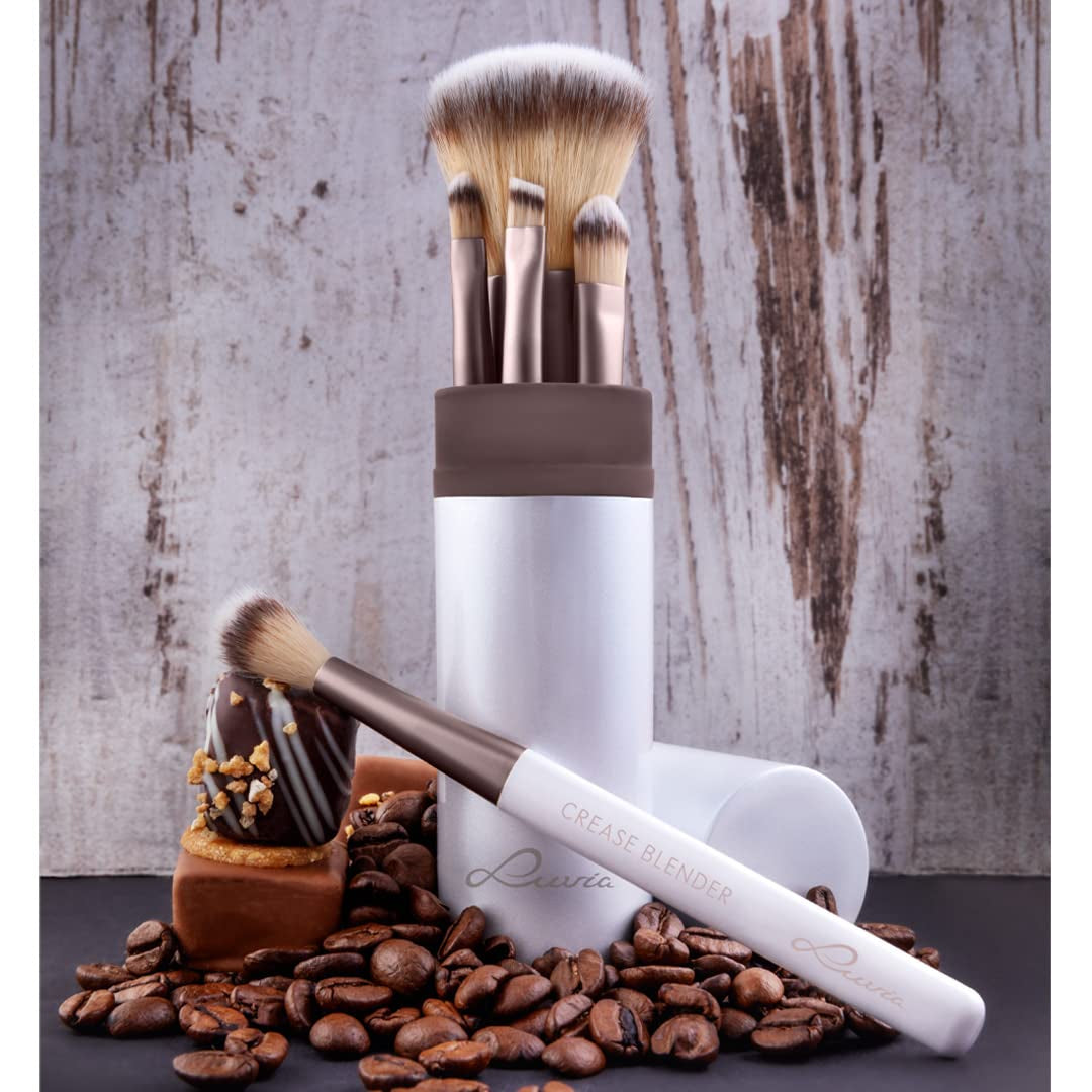 Make-Up-Pinsel-Set – 5-Teilig + Pinselköcher Mit Smart-Halter – LUVIA Daily & Travel Schminkpinsel-Set Für Foundation, Puder & Lidschatten – Perfekt Für Reisen & Unterwegs – Coffee Elegance/Perlmutt