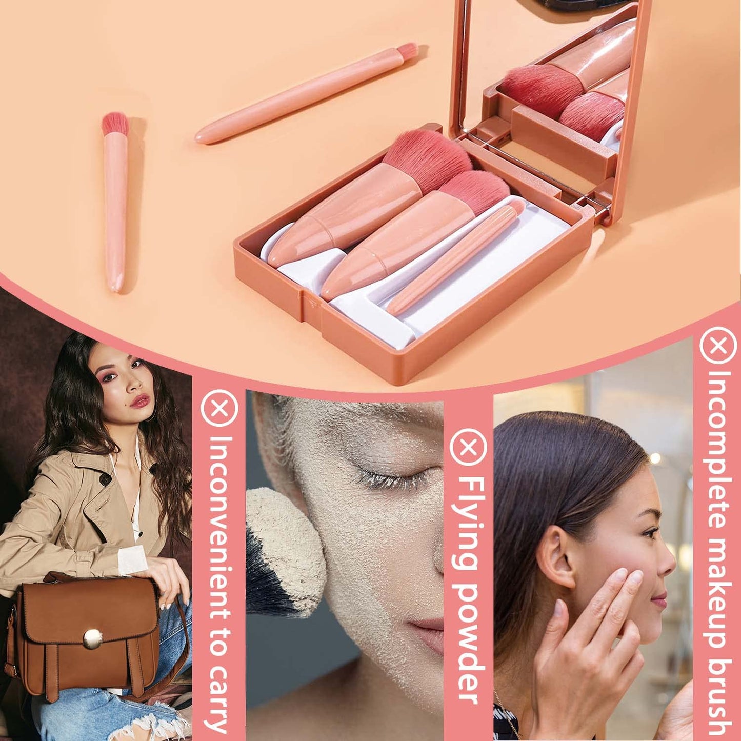 5-Teiliges Make-Up-Pinsel-Set Mit Spiegelbox, Tragbare Make-Up-Pinsel, Weicher Kosmetik-Make-Up-Pinsel, Reise-Make-Up-Pinsel Für Die Reise, Täglich, Rouge, Puder, Foundation (Rosa)