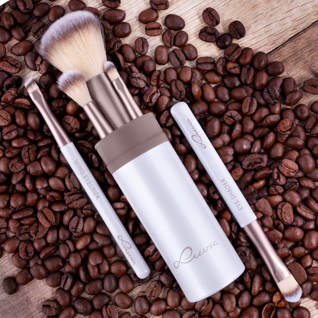 Make-Up-Pinsel-Set – 5-Teilig + Pinselköcher Mit Smart-Halter – LUVIA Daily & Travel Schminkpinsel-Set Für Foundation, Puder & Lidschatten – Perfekt Für Reisen & Unterwegs – Coffee Elegance/Perlmutt